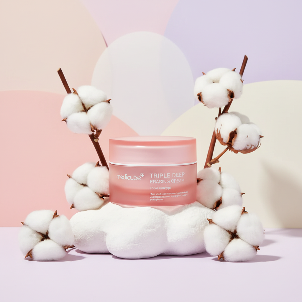 Medicube Triple Collagen Cream met Pastelkleuren en Katoen